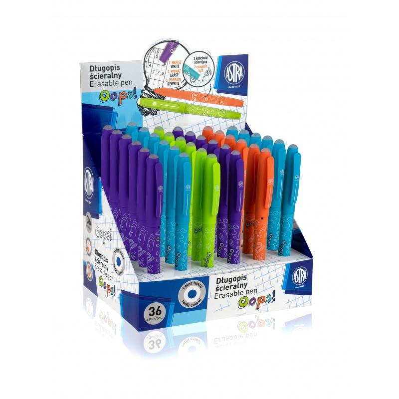 Gumovateľné pero OOPS!, 0,6mm, modré, dve gumy, mix farieb, stojan, 201120001