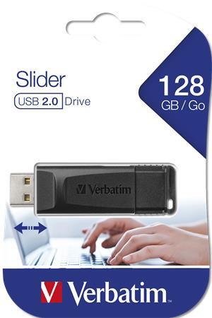 USB Flash Drive, 128GB, USB 2.0, VERBATIM 'Slider', Black