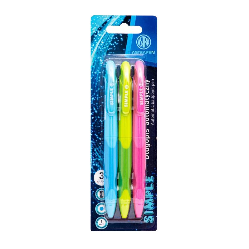 3ks - ASTRAPEN SIMPLE, Guľôčkové pero 1mm, modré, blister, mix farieb, 201022014