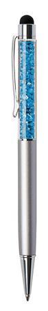 ART CRYSTELLA Guľôčkové pero, strieborné, vrch plnený aqua modrým SWAROVSKI® kriľtáľom, dotykové, 14 cm,