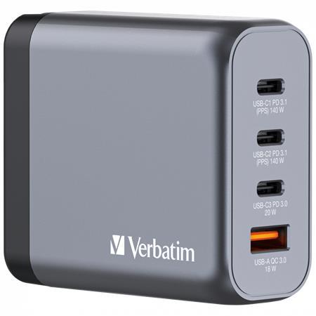 VERBATIM Sieťová nabíjačka, 2xUSB-C PD (140W), USB-C PD (20W), USB-A QC 3.0, EU/UK/US, GaN, VERBATI