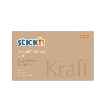 Samolepiaci poznámkový blok, 6x127 mm, 100 listov, STICK N "Kraft Notes", hnedá