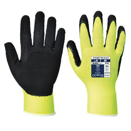 Ochranné rukavice, nylonové, latexová pena, máčaná dlaň, veľ. S, "Hi-Vis Grip", žltá
