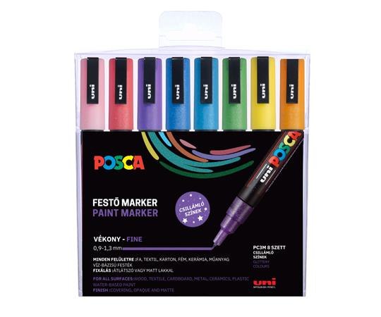 Dekoračný popisovač, sada, 0,9-1,3 mm, UNI "Posca PC-3ML", 8 rôznych trblietavých farieb 1
