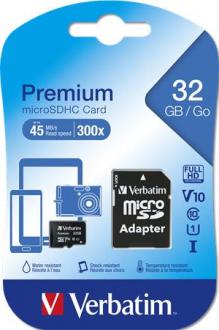 Pamäťová karta, Micro SDHC, 32GB, CL10/U1, 45/10 MB/s, s adaptérom, VERBATIM, "Premium"