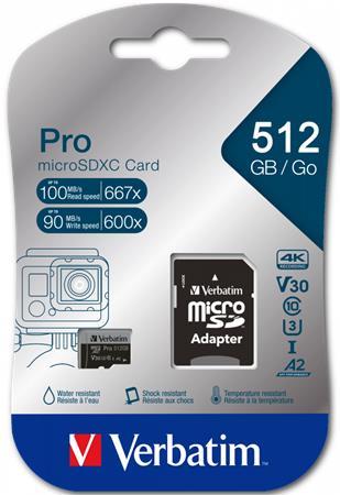 Pamäťová karta, microSDXC, 512 GB, CL10/U3/A2, 100/90 MB/s, s adaptérom, VERBATIM "PRO"