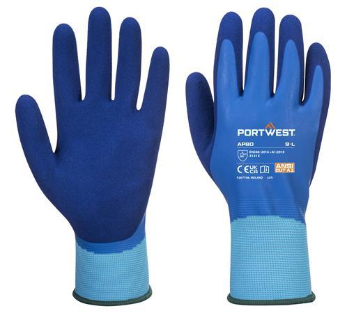 Ochranné rukavice, latexové, latexová pena, máčaná dlaň, veľ. S, "Liquid Pro", modrá