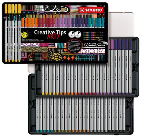 Liner, sada, kovová krabička, STABILO "Creative Tips ARTY", 10 rôznych farieb, 5 rôznych h