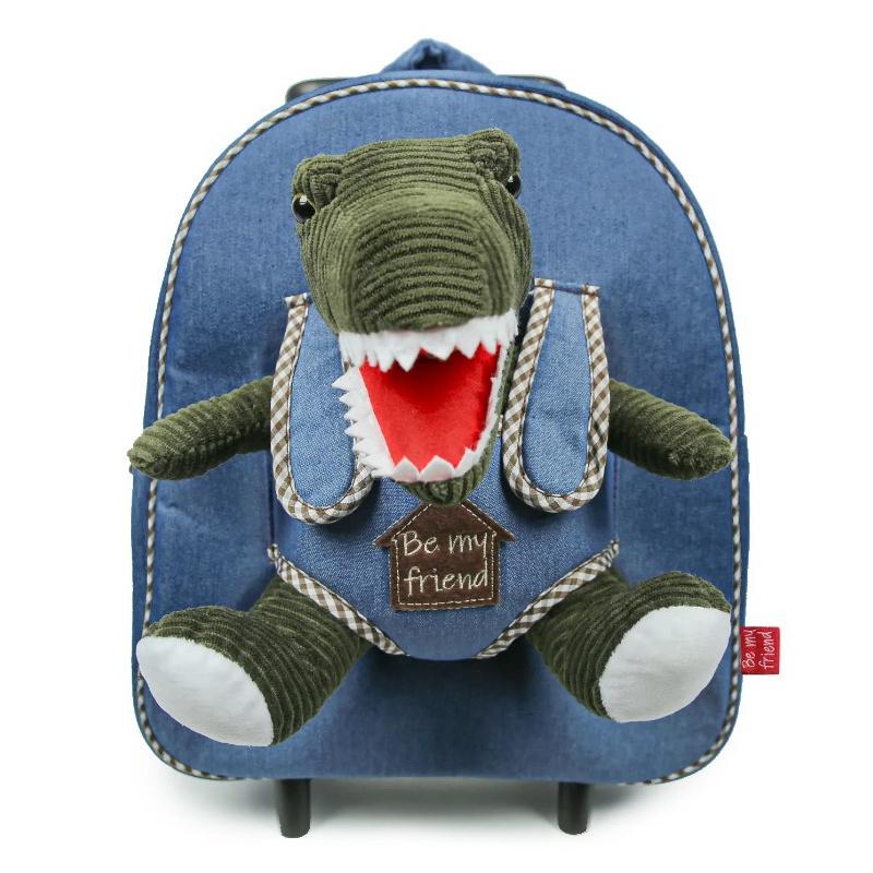 BE MY FRIEND, Detský denimový batoh na kolieskach s odnímateľnou hračkou DINOSAUR, 13049