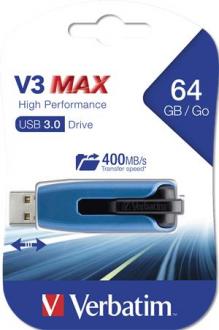 USB KĽÚČ, 64GB, USB 3.0, 175/80 MB/SEC, VERBATIM "V3 MAX", MODRÝ-ČIERNY