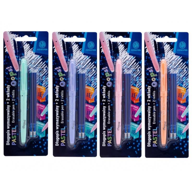 Gumovateľné pero OOPS! Pastel 0,6mm, modré, dve gumy + 2ks náplní, blister, mix, 201022006
