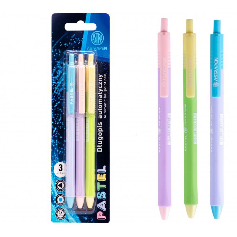3ks - ASTRAPEN PASTEL, Guľôčkové pero 0,6mm, modré, blister, mix farieb, 201022028