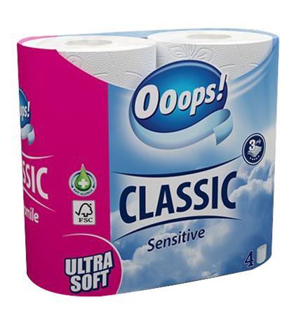 . Toaletný papier, 3-vrstvový, 4 kotúče, "Ooops! Classic", sensitive