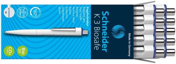 Guľôčkové pero, 0,5 mm, stláčací mechanizmus, SCHNEIDER "K3 Biosafe", modrá