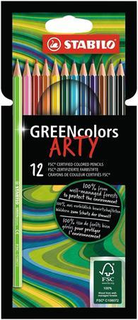 Farebné ceruzky, sada, šesťhranný tvar, STABILO "GreenColors ARTY", 12 rôznych farieb