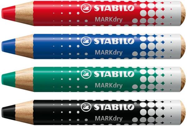 Suchý popisovač na tabuľu a flipchart, kužeľový hrot, STABILO "MARKdry", 4 rôzne farby s u