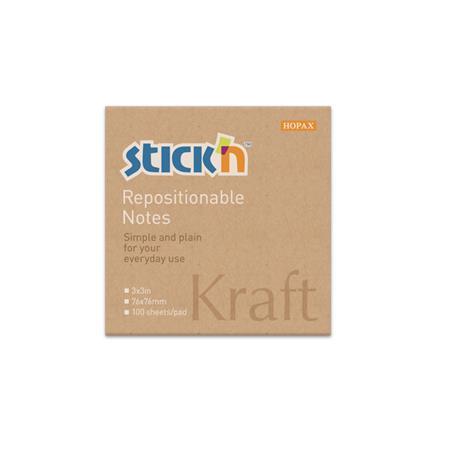 Samolepiaci poznámkový blok, 76x76 mm, 100 listov, STICK N "Kraft Notes", hnedá