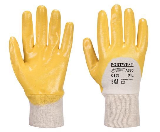 . Ochranné rukavice, nitril, na dlani namočené, veľkosť: M, žlté