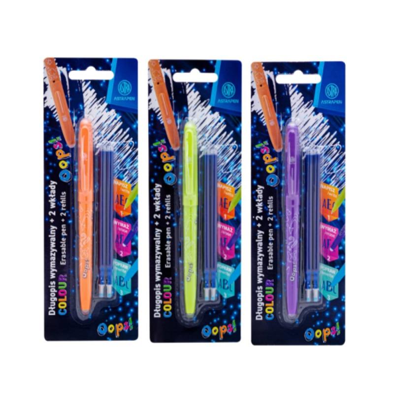 Gumovateľné pero OOPS! 0,6mm, modré, dve gumy + 2ks náplní, blister, mix farieb, 201022002