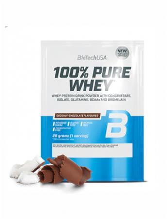 Srvátkový proteínový prášok, 28g, BIOTECH USA "100% Pure Whey", kokos-čokoláda