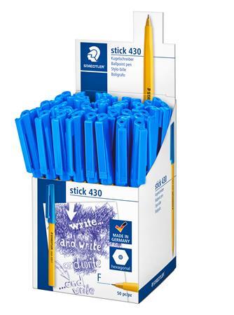 Guľôčkové pero, 0,3 mm, s vrchnákom, STAEDTLER "Stick 430 F", modré