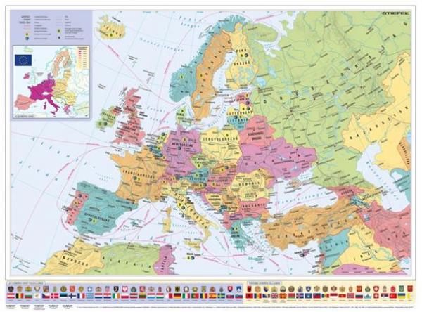 Nástenná mapa, 70x100cm, kovová lišta, Európske krajiny a Európska únia, STIEFEL, HU jazyk