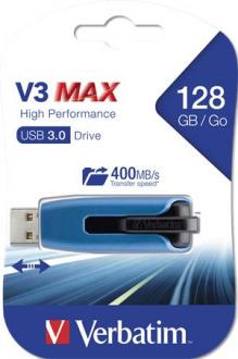 USB KĽÚČ, 128GB, USB 3.0, 175/80 MB/SEC, VERBATIM "V3 MAX", MODRÝ-ČIERNY