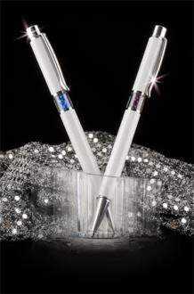 ART CRYSTELLA Guličkové pero, Crystals from SWAROVSKI®, biele, so zafírovo modrými kryštálmi v stred