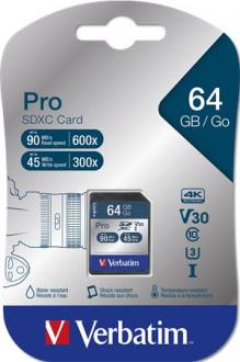 Pamäťová karta, SDXC, 64GB, C10/U3, 90/45MB/sec, VERBATIM "PRO"